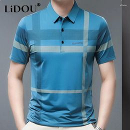 Men's Polos Summer Turn-down Collar Short Sleeve Button Striped Printing Ice Silk Fabric Polo Shirts Man Breathable Quick Drying Pullovers