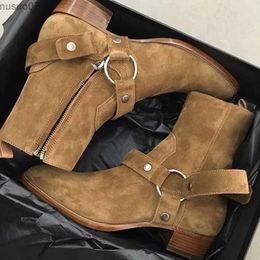 Boots New Brown /Black Suede Leather Shoes Chains Harness Buckle Men Boots Stacked Heel Anke Boots Side Zip Men Fashion Boots Shoes