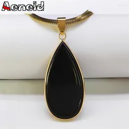 Pendant Necklaces Fashion Kpop Water Drop Black Obsidian Necklace Stainless Steel Geometric Choker Clavicle Snake Chain Jewellery