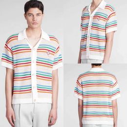 New Casablanca 24ss Designer Knitted Hollow Button Short Sleeve Shirt Coat Men and Women Casual Versatile Rainbow Stripe Wool Cardigan Sweater Polos Tops Casablanc