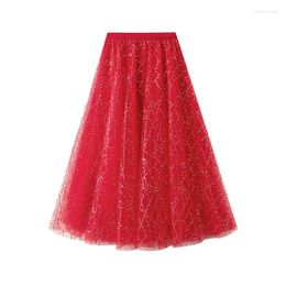 Skirts 2024 Autumn And Winter Korean Version Gentle Silver Pleated Large Drape A-line Mesh Skirt