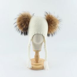 Real Raccoon Fur Ball Hat For Kids Winter Knitted Warm Beanies Double Pompom EarFlap Cap Baby Girls Boy Children 240124