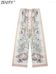 Women's Pants Zevity 2024 Women Vintage Court Totem Print Side Patchwork Straight Female Chic Elastic Waist Pockets Long Trousers P4187