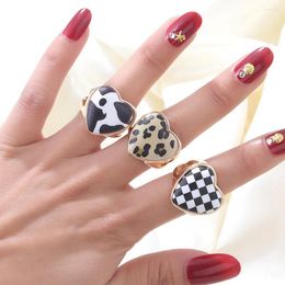 Cluster Rings Fashion Cute Black White Colours Plaid Leopard Print Geometric Heart Irregular Hollow Metal Ring For Women Girl Party Jewellery