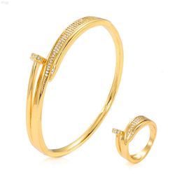 Jh Korea Stylish Jewellery Women Brass Zircon Plated Gold Bridal Shining Ring and Bangle 2pcs Set