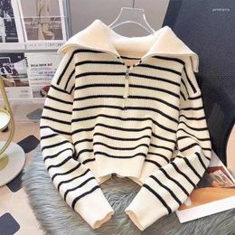 Women's Knits French Vintage Stripe Sweater Korean Sailor Collar Half Zipper Knitted Coat Spring Autumn Loose Casual Pullover Top