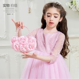 Kids Baby Bags Children Flower Girls Princess Handbag Birthday Party Performance Accessories Satin Rose Zipper Coin Purse Wallet 240131