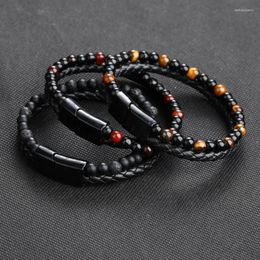 Charm Bracelets 2024 Fashion Men's Jewelry Natural Stone Leather Bracelet Black Double-layer Alloy Magnetic Buckle Tiger Eye