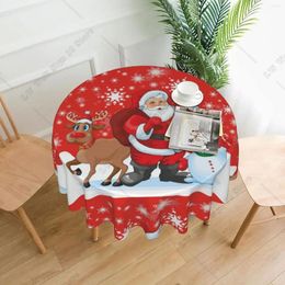 Table Cloth Santa Reindeer Snowman With Snowflake Round Tablecloth Waterproof Washable Cover 60 In For Buffet Party Camping Decor