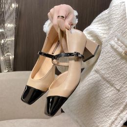 Dress Shoes 2024 Women's Leather Mary Jane Korean Style High Heel Ladies Fashion Chain Design Casual Loafers Banquet And Office Wear