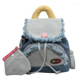 School Bags Brand Designer Denim Women's Backpack And Purse Casual Drawstring Contrast Color Vintage Small Bag Travel