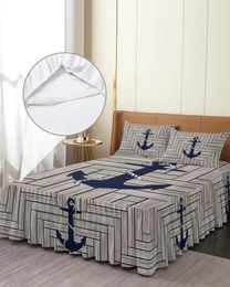 Bed Skirt Wood Texture Marine Anchor Elastic Fitted Bedspread With Pillowcases Mattress Cover Bedding Set Sheet