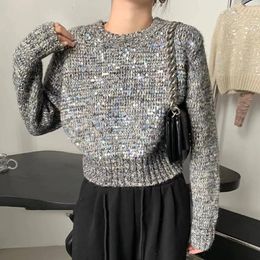 Women's Sweaters Autumn Winter Loose Sequins Knitted Pullover Women Fashion Casual Straight Long Sleeve O-Neck Beige Grey Coffee Ladies