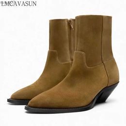 Boots LMCAVASUN Suede Leather Womens Ankle Boots Sexy Point Toe Brown Woman Short Boots Autumn Spring Shoes 2023 New Brand Designer