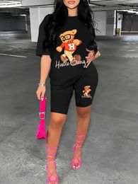 LW Plus Size Cartoon Bear Letter Print Two Pieces Suits Shorts Set Short Sleeve Crewneck T-shirt and Matching Pants 2pcs Outfits 240127