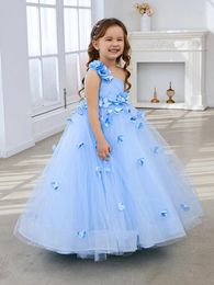 Girl Dresses Flower Sky Blue Tulle 3D Petals And Flowers Single Sleeveless For Wedding Birthday Party Banquet Princess Gowns