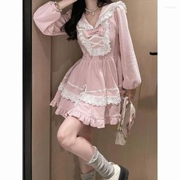 Casual Dresses Birthday For Women Pink Patchwork Hollow Out Women's Dress Navy Collar Bow Three-dimensional Decorations Lantern Sleeve