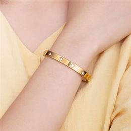 Ladies Crystal Stone Cuff Jewelry Engraved Love Screw Bracelets Bangles Stainless Steel Crystal Cz Cubic Zirconia Bangles