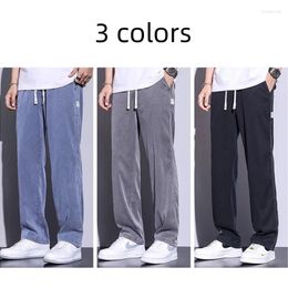Men's Jeans Casual Korean Style Drawstring Elastic Waistband Loose Straight Ice Silk Lyocell Fabric Summer Daily Pants Men