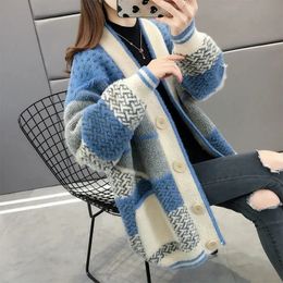 Mink Velvet Knitted Cardigan Jacket Women's Loose Ladies Sweater Outerwear Spring And Autumn AllMatch Button 240126