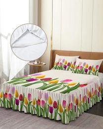 Bed Skirt Idyllic Tulip Flower Elastic Fitted Bedspread With Pillowcases Protector Mattress Cover Bedding Set Sheet