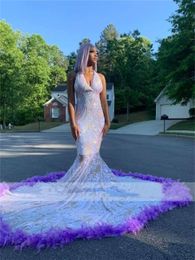 Sparkly White Sequined Lace Purple Feather Prom Dresses 2024 Halter Neck Mermaid Birthday Reception Gown See Theu robe de bal