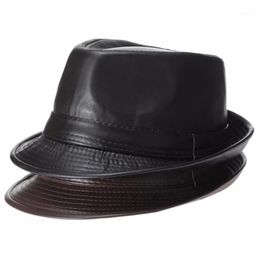 Mistdawn High Quality Leather Men's Fedora Trilby Hat Gentleman Winter Panama Cap1293c