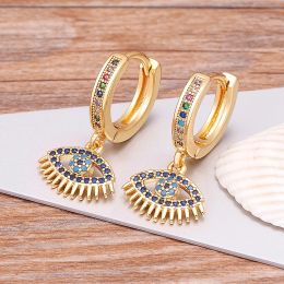 Trendy Bohemian Zircon Hollow Blue Evil Eye Hoop Earrings for Women Cute Unique 14k Yellow Gold Crystal Drop Earrings Party Jewellery