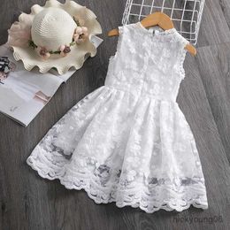 Girl's Dresses White Summer Flower Girls Dresses 2023 Birthday Sleeeveless Wedding Evening Ball Gown Tutu Lace Floral Kids Dress for Girl Cloth