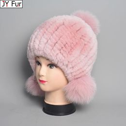 Natural Rabbit Fur Bomber hats Winter Warm Outdoor Fluffy Earflap Caps Luxury Russian Boys and Girls Children 240124