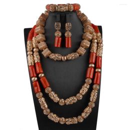 Necklace Earrings Set 3Rows Orange Coral Bracelet Nigerian Dubai Wedding African Bridal Beads Jewelry For Women