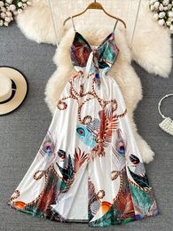 Casual Dresses YuooMuoo Brand Fashion Print Straps Long Dress Summer Vacation Style Knot V-neck A-line Big Swing Beach Bohemian Vestidos