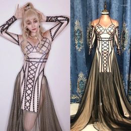 Stage Wear Sexy Black Mesh Train Evening Dresses Silver Rhinestone Dress Women Birthday Celebrate Dance Costumes Show Outfits XS5289