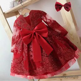 Girl's Dresses Red Party Princess Dress For Toddler Girl Kid Baby Christmas Embroidery Floral Prom Tutu Costume Infant One Year Birthday Cloth