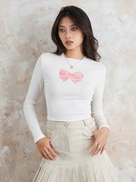 Women's T Shirts Wsevypo Fairycore Bow Print T-Shirts Women Girls Long Sleeve Round Neck Crop Tops Spring Summer Slim Fit Basic Pullovers