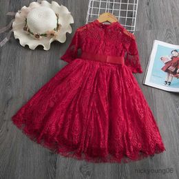 Girl's Dresses Girl Red Lace Flower Princess Party Dresses Kids Autumn Half-Sleeve Clothes 3 6 8 Yrs Kids Birthday Dress Baby Christmas Vestido