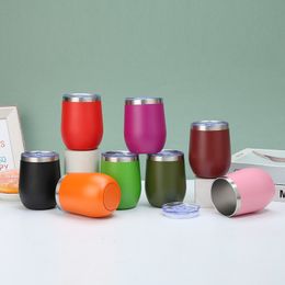 Colourful powder coated 12oz egg shape Wine mug Stemless Stainless Steel Vacuum Insulated Travel cup with Sliding Lid for Wine Coffee Champaign Juice Cocktails