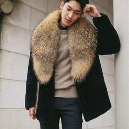 Mens Fur Coat Designer Autumn and Winter Imitation Raccoon Oversized Collar Slim Fitting Windbreaker 3ZK4