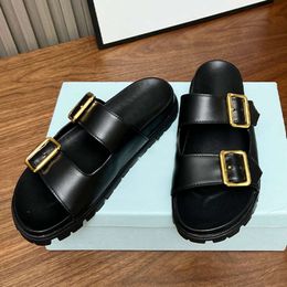 Designers Sandals Women Footbed Slides Leather Fashion Buckle Slide Summer Beach Slip On Slippers Black White Outdoor Shoes With Box 520