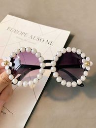 Sunglasses Gorgeous womens round sunglasses crystal diamond pearl handmade glasses UV400 mirror lens floral design summer sunglasses J240202