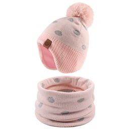 Winter Kids Girls Beanie Scarf Autumn Toddler Girls Knitted Hat Scarf Winter Warm Bonnet With Pompom Classic Polka Dot Beanie 240124