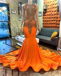 Pretty Orange Mermaid Gold Crystal Beading Prom Dresses 2024 Luxury Sheer Neck Plus Size Formal Birthday Party Gowns For Black Girs