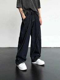 Men's Jeans 2024 Mens Hip Hop Distressed Pants Tear Spliced Denim Patchwork Loose Casual Street Clothing Wide Leg Trousers Q240427