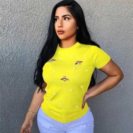 Women's T-Shirt Women Yellow Short Sleeve Pearl Beading T-shirt Ladies Casual Tops Butterfly Solid Round Neck Summer Basic T Shirt J240202