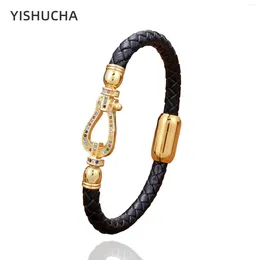 Charm Bracelets YISHUCHA Gold-Plate Horseshoe Shape Mosaic Zircon Bracelet For Man Women Leather Braided Fashion Jewelry 2024