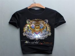 2021 Diamonds Top Quality Men039s Black Colour Short Tshirts with Luxury Tiger Letter Diamond Casual Cotton short sleeve T Shir3606713