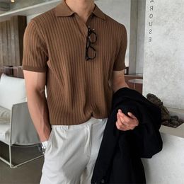 Men's Polos Summer Solid Colour Knit Polo Shirt Men Fashion Ribbed Lapel Short Sleeve Top Streetwear Male Casual Clothes M-3XL