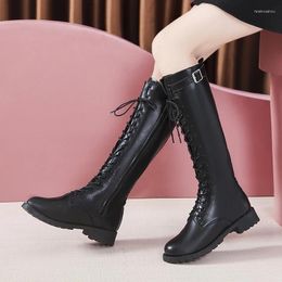 Boots Plus Size Autumn Winter Knee High Women Fashion Buckle Tube PU Leather Woman Zipper Low Heels Long Botas Mujer