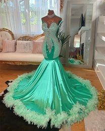 Green O Neck Long Prom Dress For Black Girls 2024 Beaded Crystal Birthday Party Dresses Evening Gowns Feathers Robe De Bal Es Es Es es