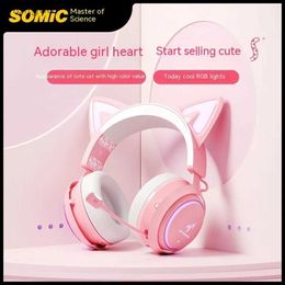 Cell Phone Earphones Somic Gs510 Cat Ear Headphone Wired/wireless 2.4g E-sport Gaming Headset Rgb Light For Girl Gamer Desktop Player Birthday Gifts YQ240202